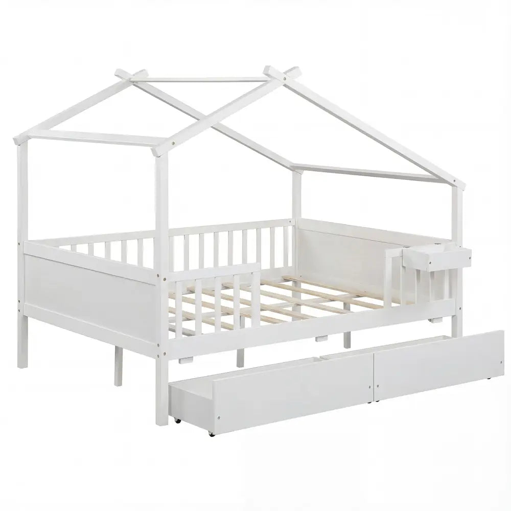 Full Size House Bed with Roof and Fence Rails for Kid-White - White - Simple Bed Frame