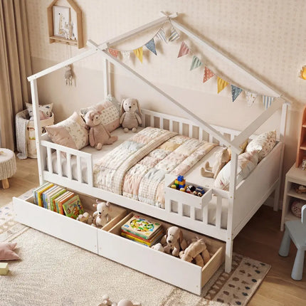 Full Size House Bed with Roof and Fence Rails for Kid-White - White - Simple Bed Frame
