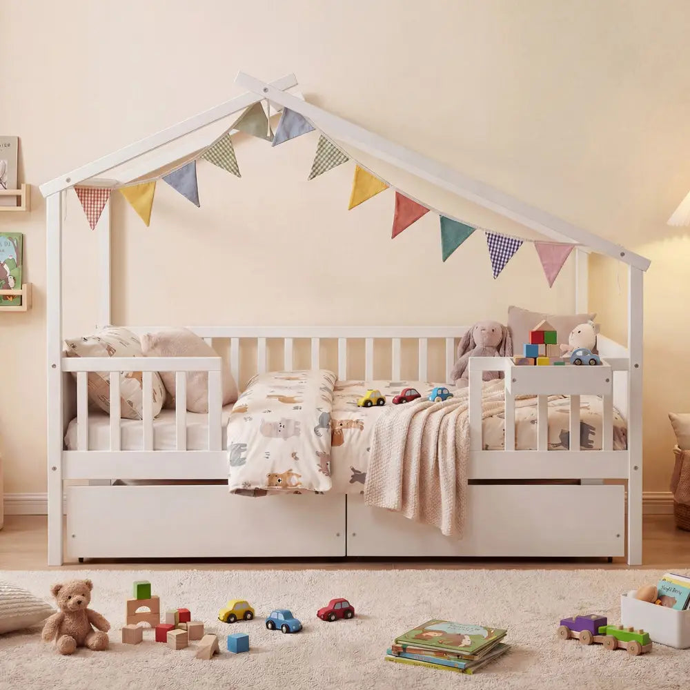 Full Size House Bed with Roof and Fence Rails for Kid-White - White - Simple Bed Frame