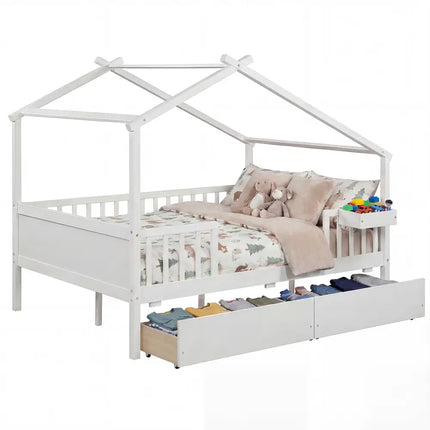 Full Size House Bed with Roof and Fence Rails for Kid-White - White - Simple Bed Frame