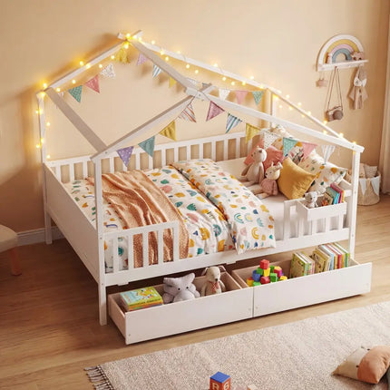 Full Size House Bed with Roof and Fence Rails for Kid-White - White - Simple Bed Frame