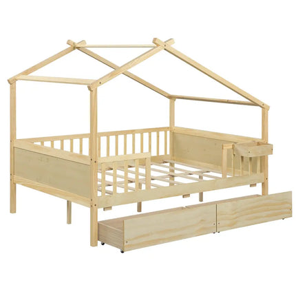 Full Size House Bed with Roof and Fence Rails for Kid-White - White - Simple Bed Frame
