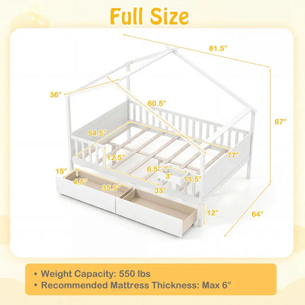 Full Size House Bed with Roof and Fence Rails for Kid-White - White - Simple Bed Frame
