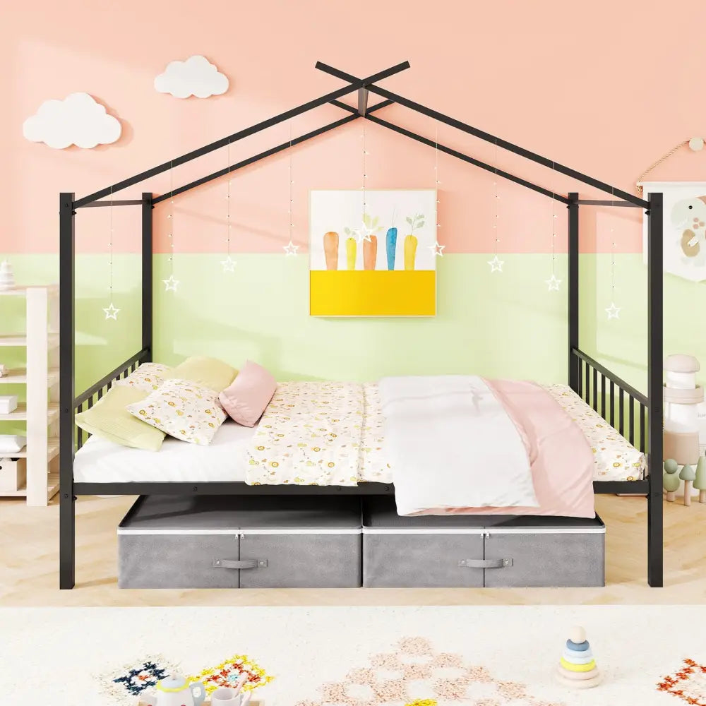 Full Size Metal House Bed with 2 Fabric Drawers for Kids-Black - Black - Toddler Beds