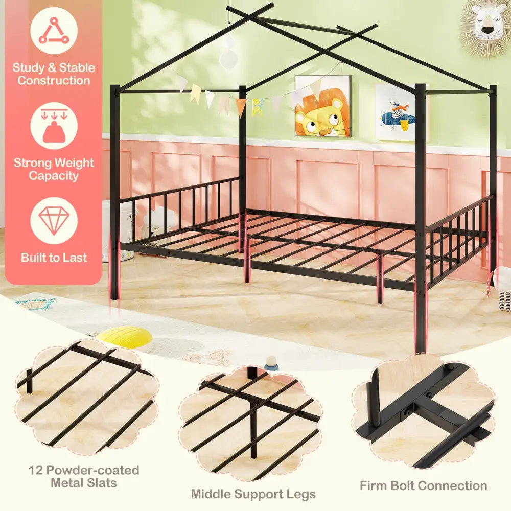 Full Size Metal House Bed with 2 Fabric Drawers for Kids-Black - Black - Toddler Beds