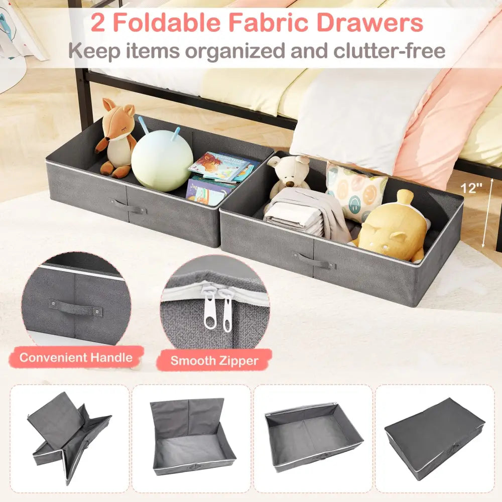 Full Size Metal House Bed with 2 Fabric Drawers for Kids-Black - Black - Toddler Beds