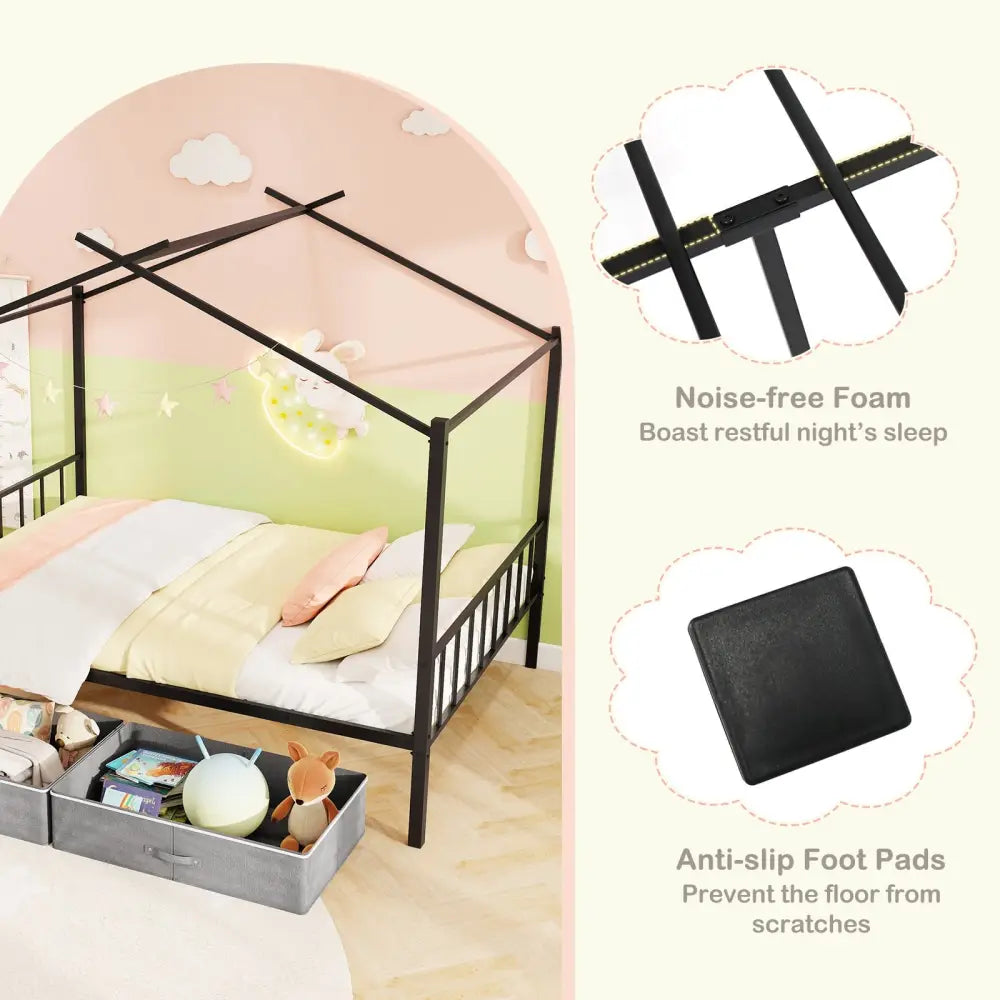 Full Size Metal House Bed with 2 Fabric Drawers for Kids-Black - Black - Toddler Beds