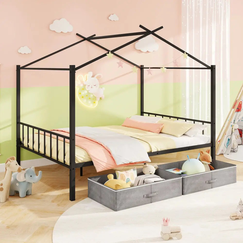 Full Size Metal House Bed with 2 Fabric Drawers for Kids-Black - Black - Toddler Beds