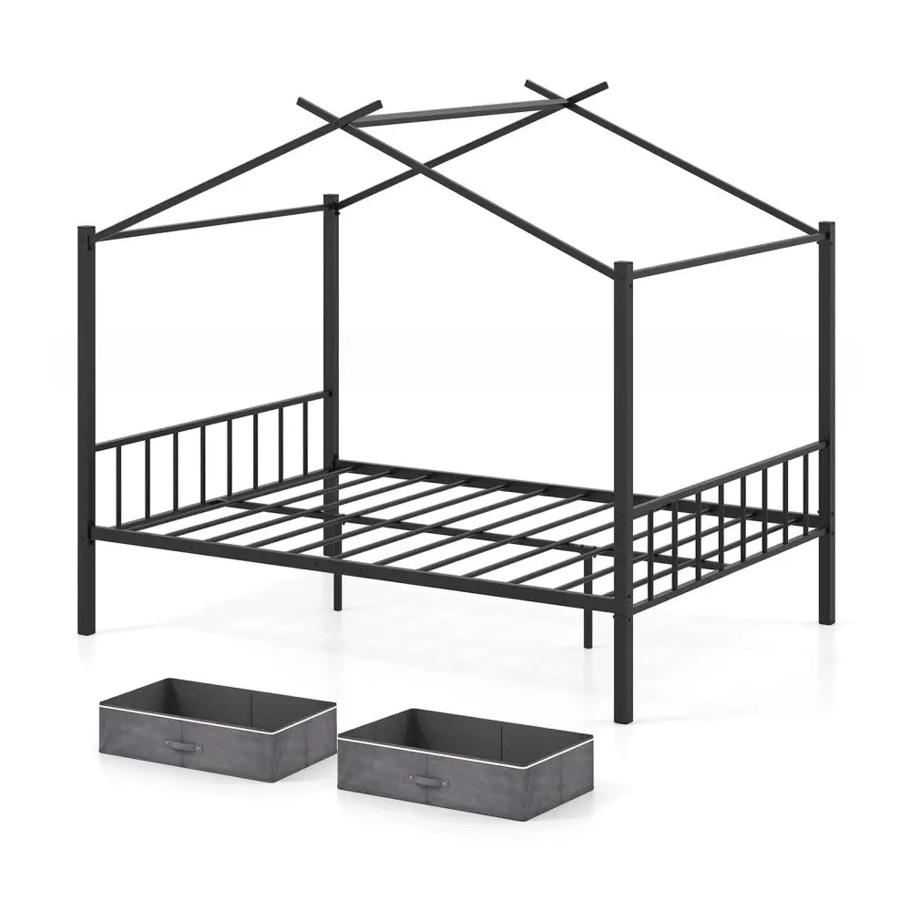 Full Size Metal House Bed with 2 Fabric Drawers for Kids-Black - Black - Toddler Beds