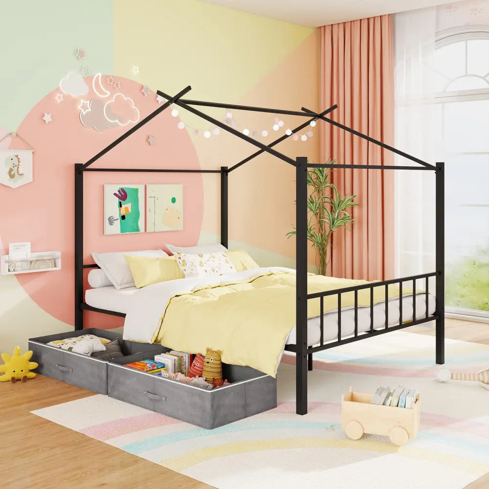Full Size Metal House Bed with 2 Fabric Drawers for Kids-Black - Black - Toddler Beds