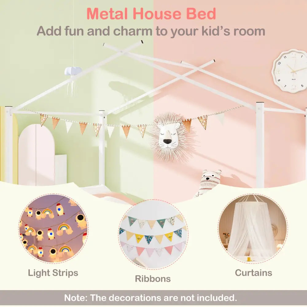 Full Size Metal House Bed with 2 Fabric Drawers for Kids-White - White - Toddler Beds