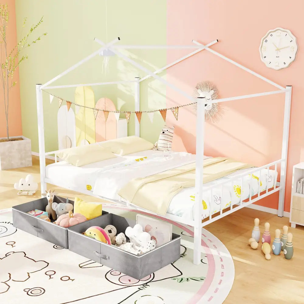 Full Size Metal House Bed with 2 Fabric Drawers for Kids-White - White - Toddler Beds