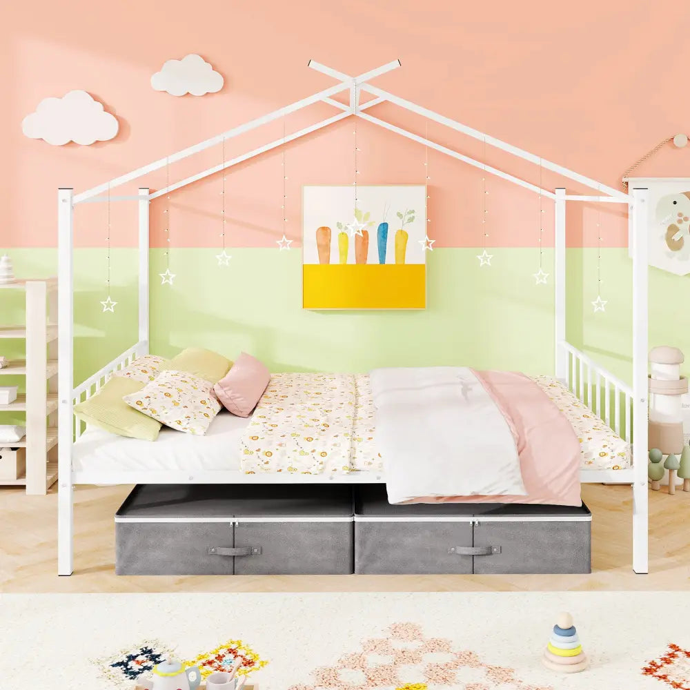 Full Size Metal House Bed with 2 Fabric Drawers for Kids-White - White - Toddler Beds