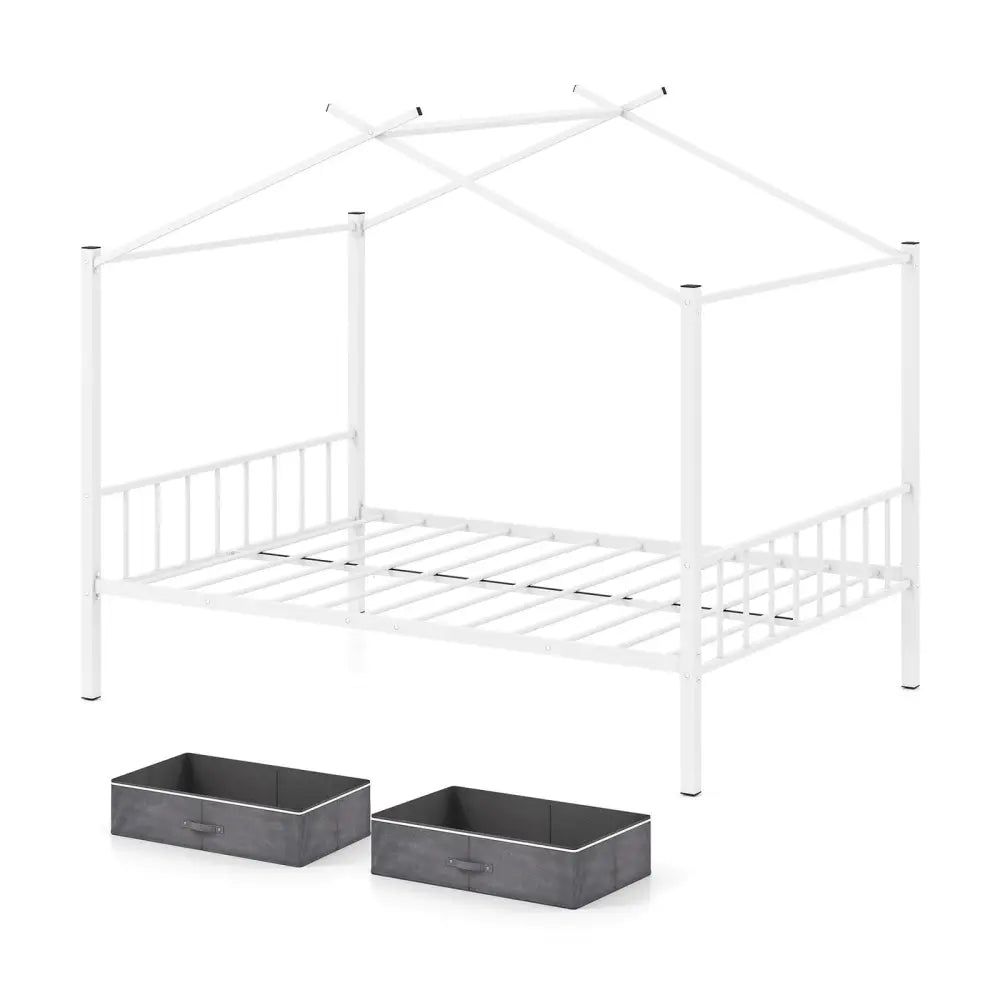 Full Size Metal House Bed with 2 Fabric Drawers for Kids-White - White - Toddler Beds