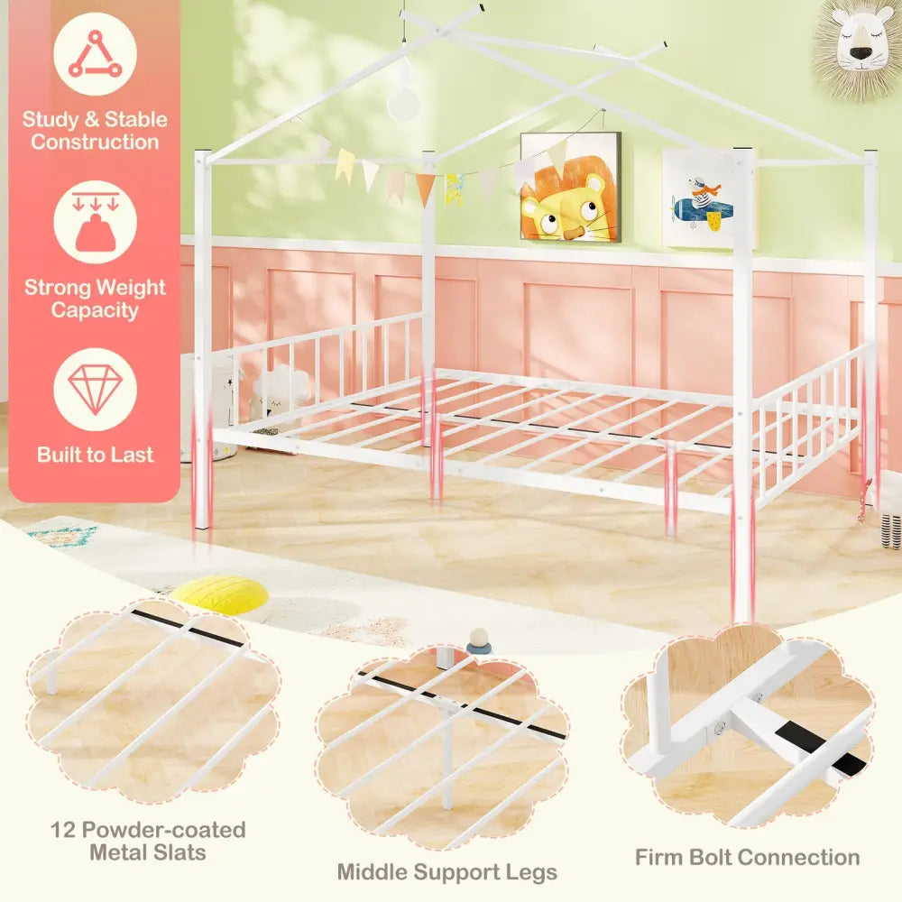 Full Size Metal House Bed with 2 Fabric Drawers for Kids-White - White - Toddler Beds