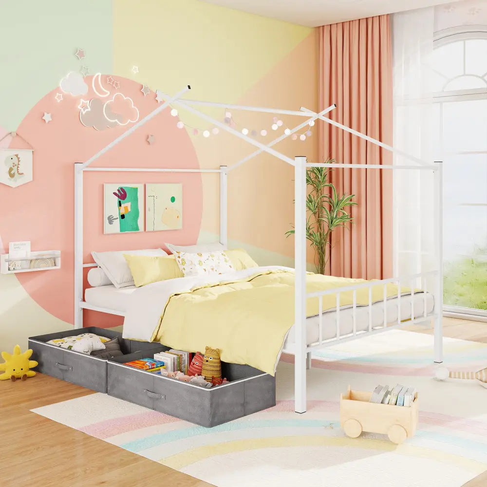 Full Size Metal House Bed with 2 Fabric Drawers for Kids-White - White - Toddler Beds
