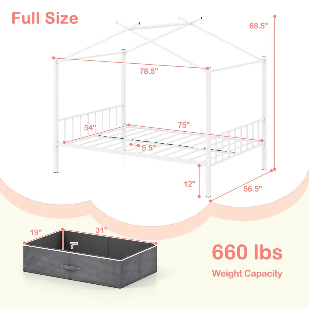 Full Size Metal House Bed with 2 Fabric Drawers for Kids-White - White - Toddler Beds