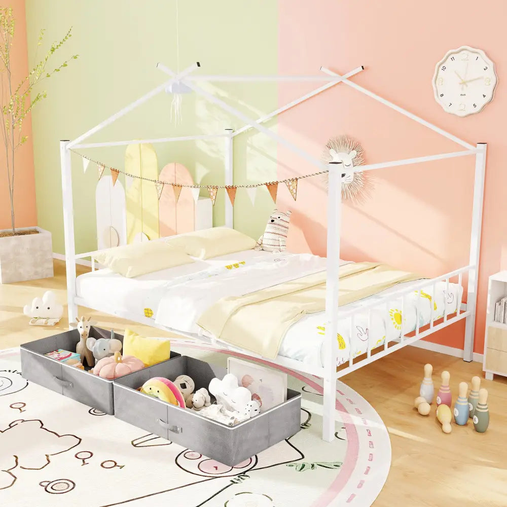 Full Size Metal House Bed with 2 Fabric Drawers for Kids-White - White - Toddler Beds