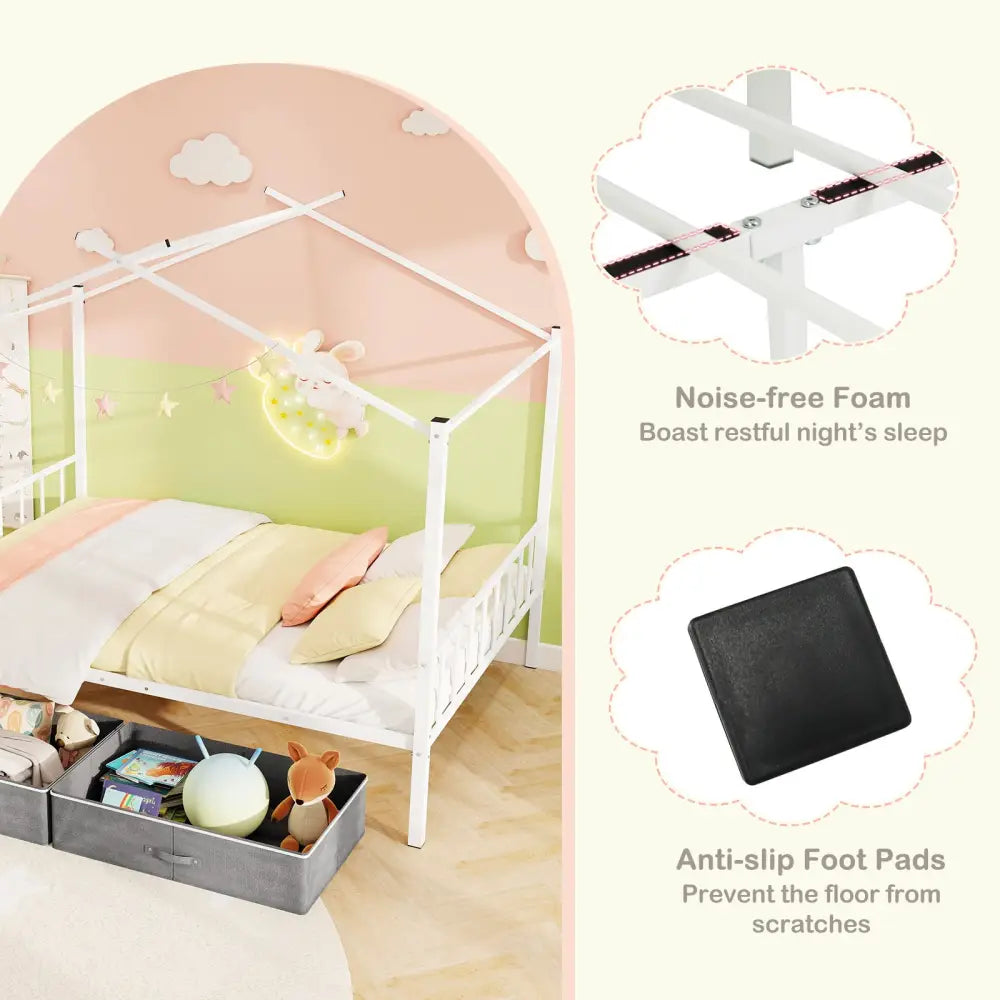 Full Size Metal House Bed with 2 Fabric Drawers for Kids-White - White - Toddler Beds