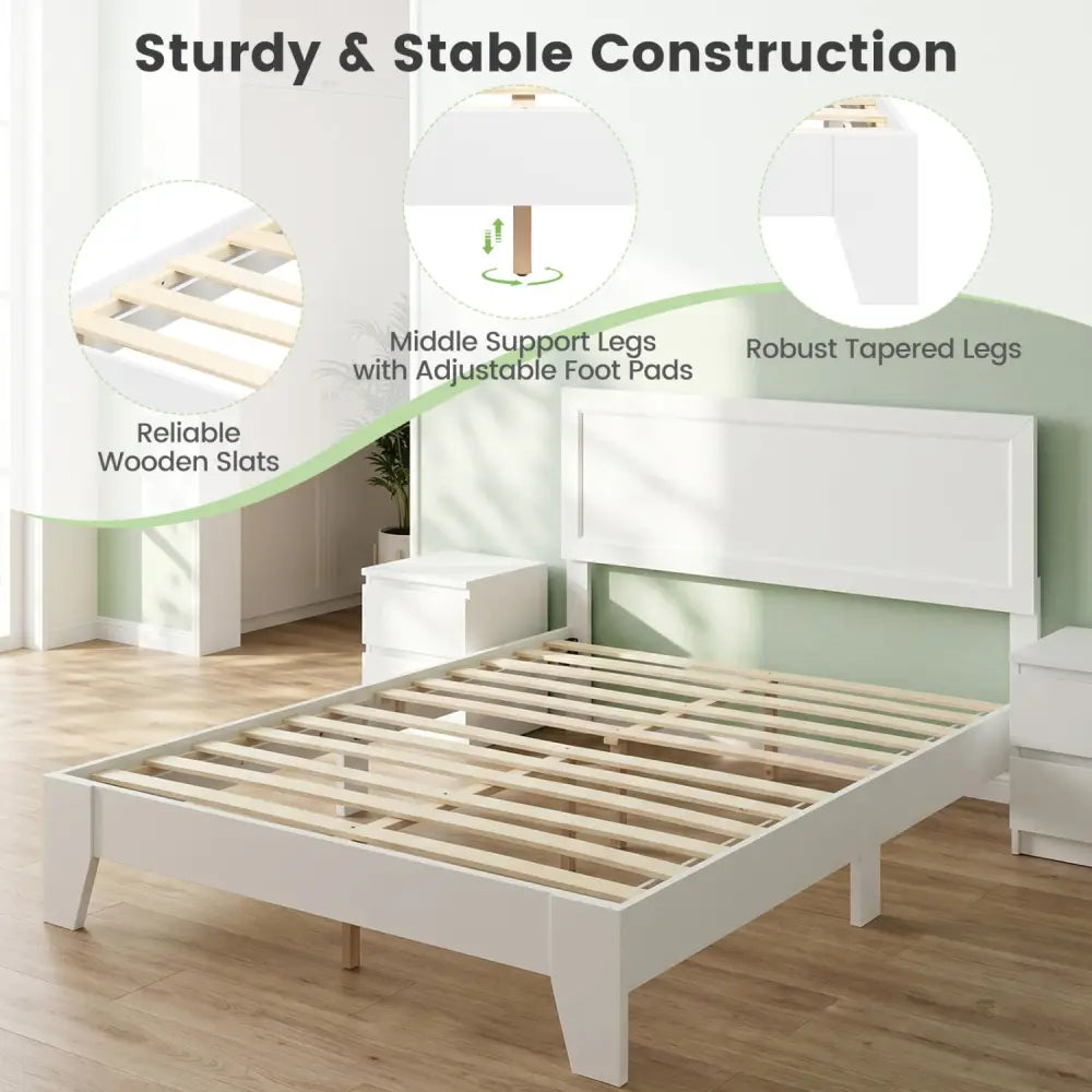 Full Size Modern Bed Frame with Headboard No Box Spring Needed-White - White - Simple Bed Frame