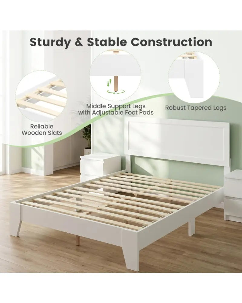 Full Size Modern Bed Frame with Headboard No Box Spring Needed-White - White - Simple Bed Frame