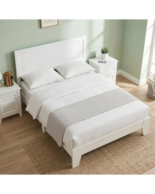 Full Size Modern Bed Frame with Headboard No Box Spring Needed-White - White - Simple Bed Frame