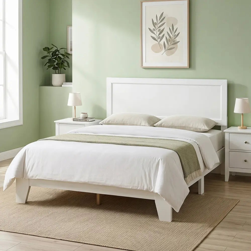 Full Size Modern Bed Frame with Headboard No Box Spring Needed-White - White - Simple Bed Frame