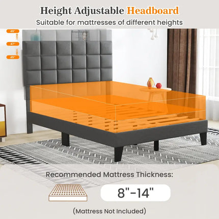 Full Size Modern Linen Bed Frame with Adjustable Headboard-Gray - Gray - Simple Bed Frame