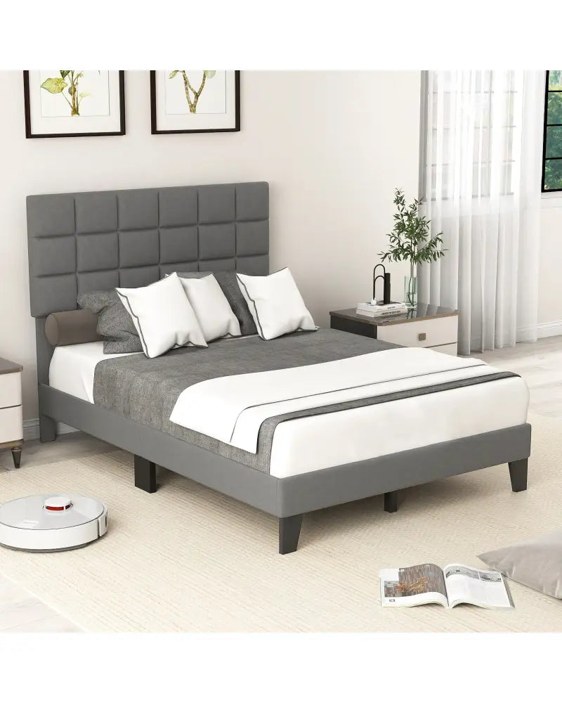 Full Size Modern Linen Bed Frame with Adjustable Headboard-Gray - Gray - Simple Bed Frame