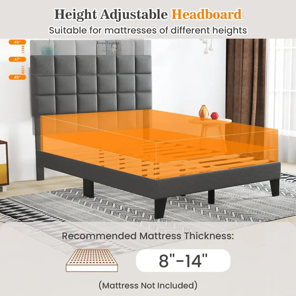 Full Size Modern Linen Bed Frame with Adjustable Headboard-Gray - Gray - Simple Bed Frame