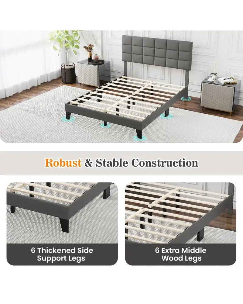 Full Size Modern Linen Bed Frame with Adjustable Headboard-Gray - Gray - Simple Bed Frame
