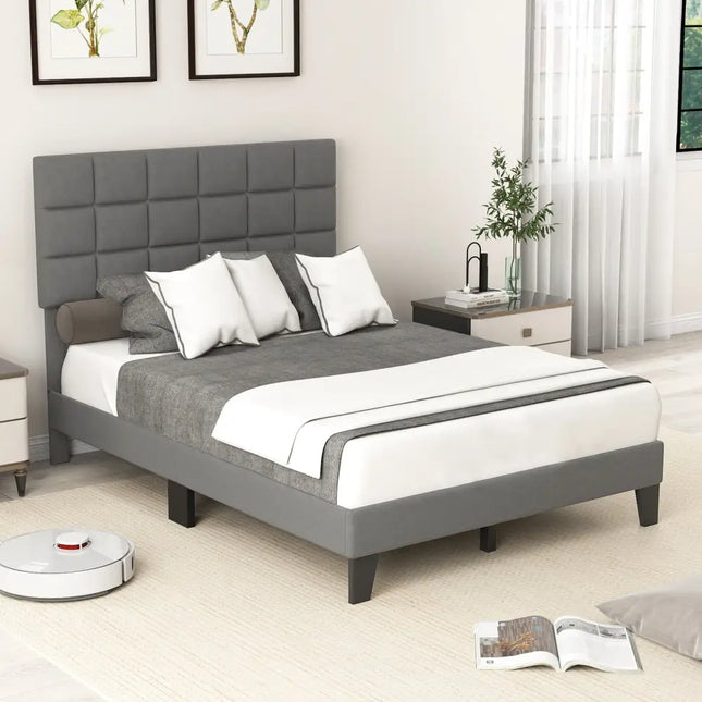 Full Size Modern Linen Bed Frame with Adjustable Headboard-Gray - Gray - Simple Bed Frame