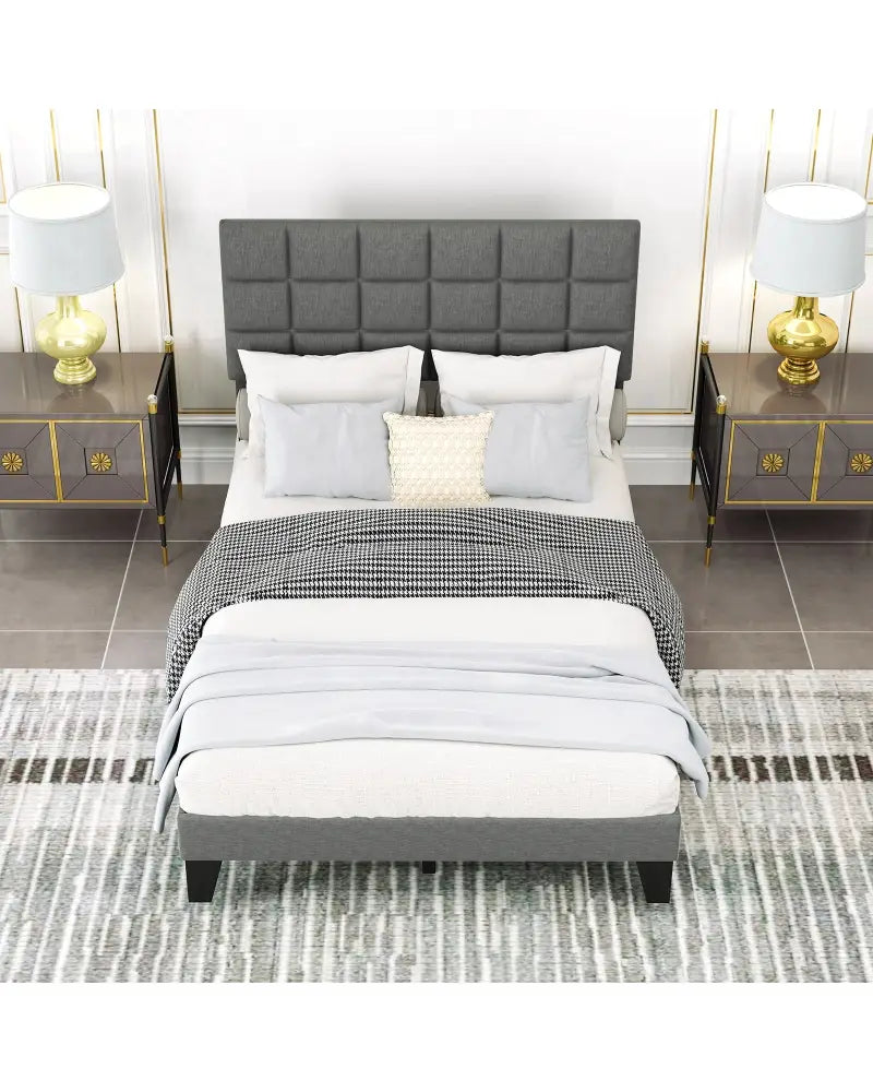 Full Size Modern Linen Bed Frame with Adjustable Headboard-Gray - Gray - Simple Bed Frame