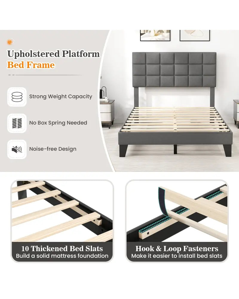 Full Size Modern Linen Bed Frame with Adjustable Headboard-Gray - Gray - Simple Bed Frame