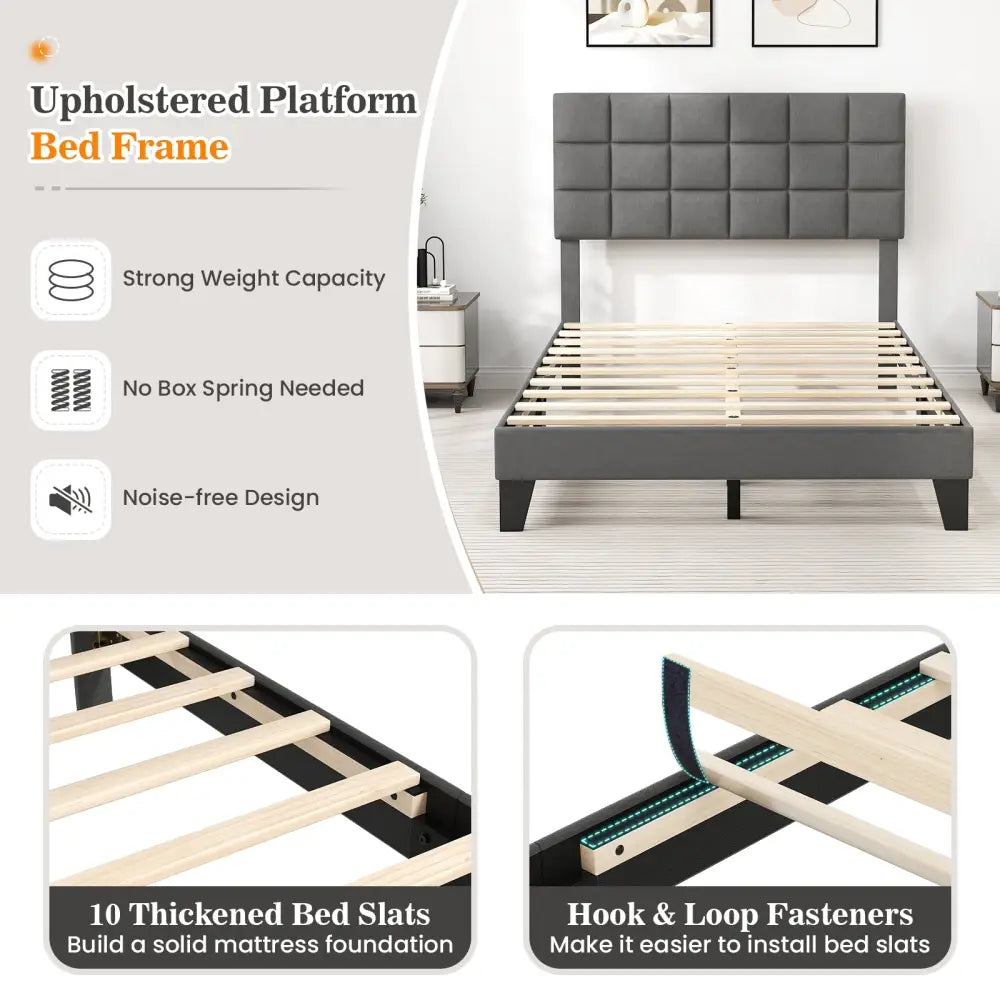 Full Size Modern Linen Bed Frame with Adjustable Headboard-Gray - Gray - Simple Bed Frame