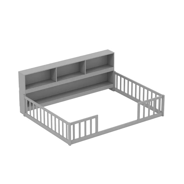 Full Size Montessori Floor Bed with Bookcase-Gray - Gray - Trundle Bed Frame