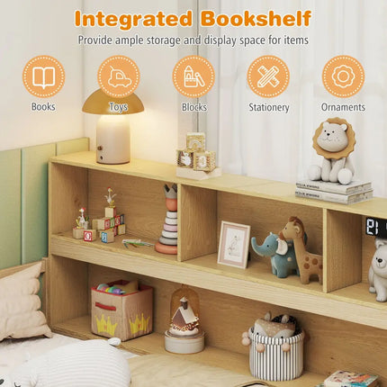 Full Size Montessori Floor Bed with Bookcase-Natural - Natural - Trundle Bed Frame