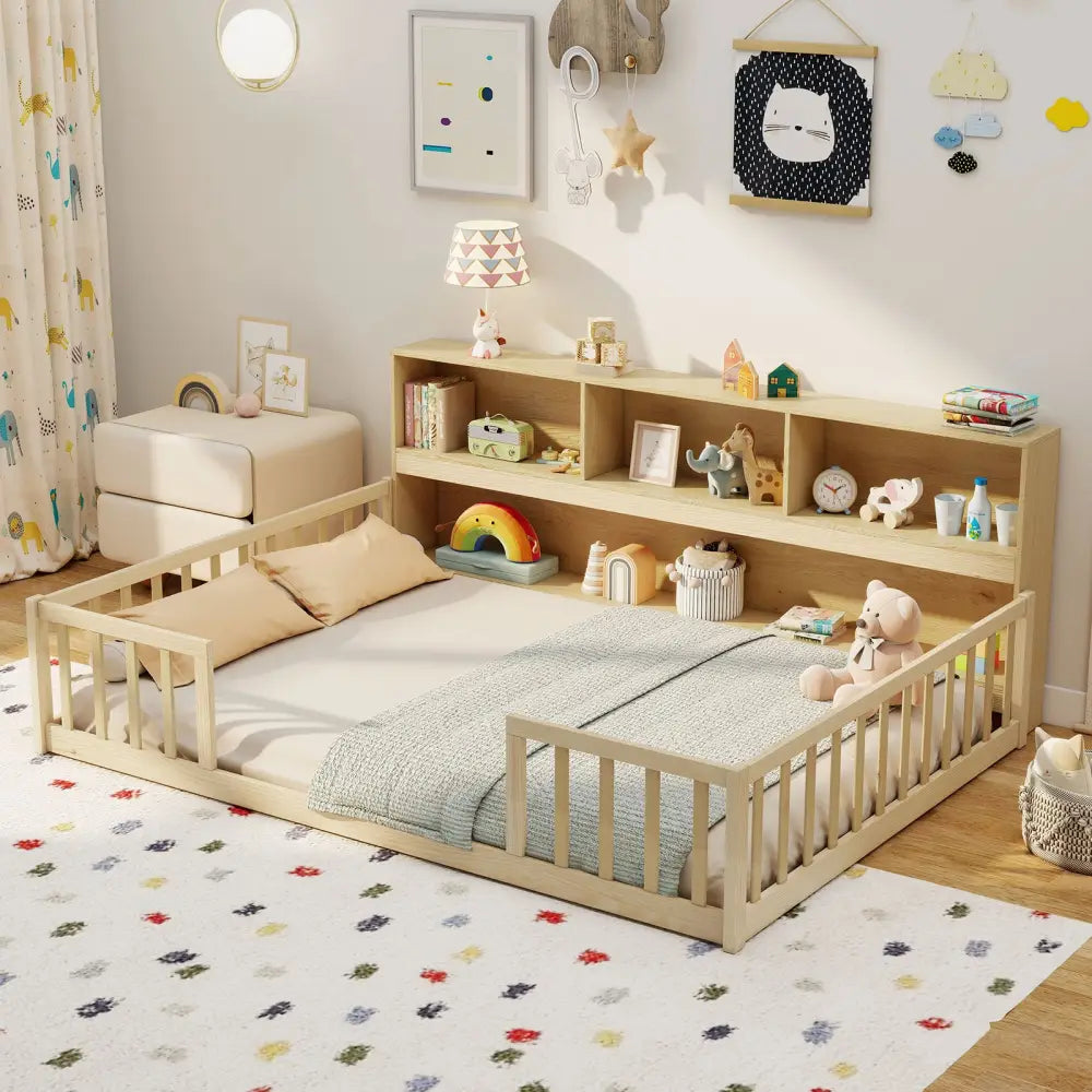 Full Size Montessori Floor Bed with Bookcase-Natural - Natural - Trundle Bed Frame