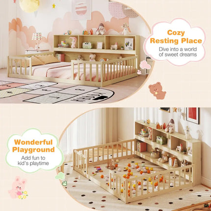 Full Size Montessori Floor Bed with Bookcase-Natural - Natural - Trundle Bed Frame