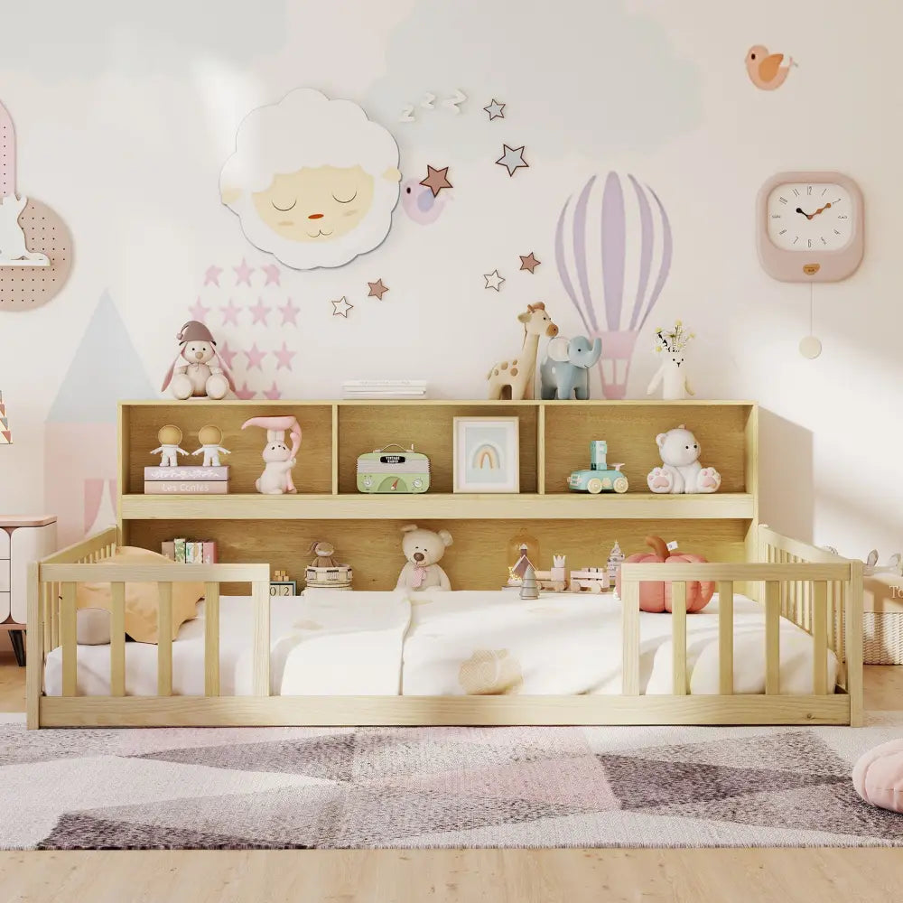 Full Size Montessori Floor Bed with Bookcase-Natural - Natural - Trundle Bed Frame