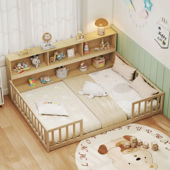 Full Size Montessori Floor Bed with Bookcase-Natural - Natural - Trundle Bed Frame
