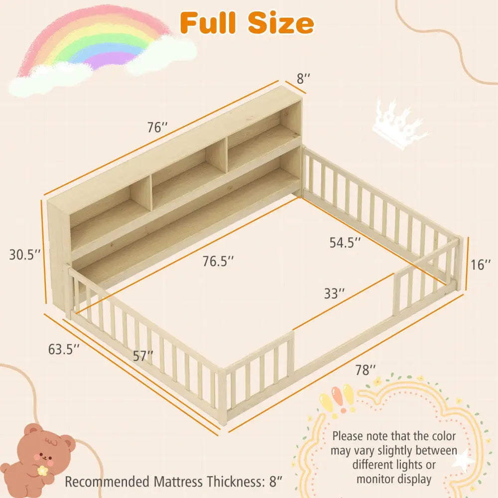 Full Size Montessori Floor Bed with Bookcase-Natural - Natural - Trundle Bed Frame