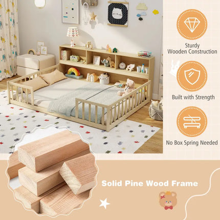 Full Size Montessori Floor Bed with Bookcase-Natural - Natural - Trundle Bed Frame