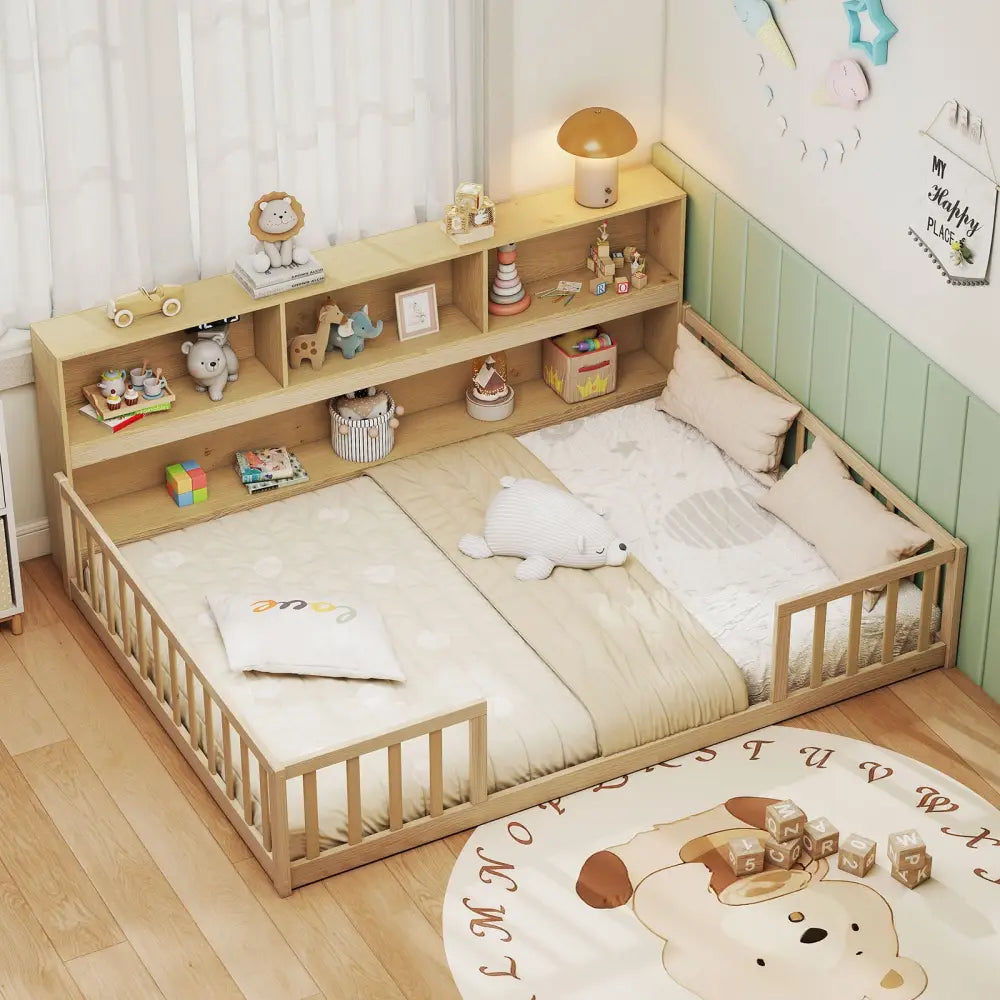 Full Size Montessori Floor Bed with Bookcase-Natural - Natural - Trundle Bed Frame