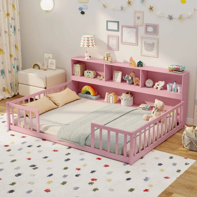 Full Size Montessori Floor Bed with Bookcase-Pink - Pink - Trundle Bed Frame