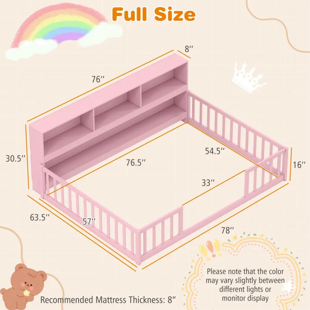 Full Size Montessori Floor Bed with Bookcase-Pink - Pink - Trundle Bed Frame