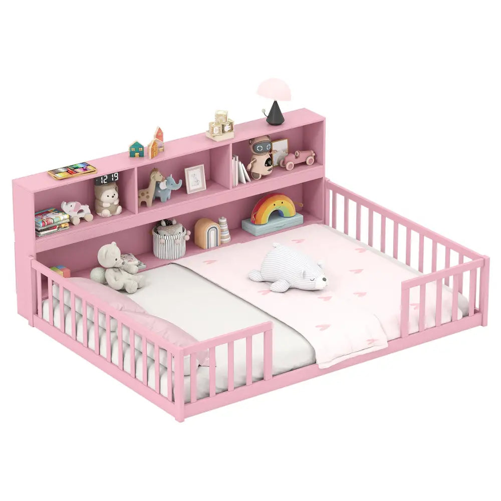 Full Size Montessori Floor Bed with Bookcase-Pink - Pink - Trundle Bed Frame