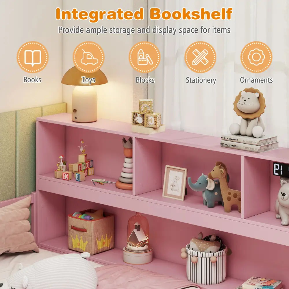 Full Size Montessori Floor Bed with Bookcase-Pink - Pink - Trundle Bed Frame
