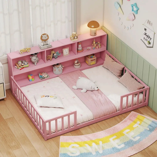 Full Size Montessori Floor Bed with Bookcase-Pink - Pink - Trundle Bed Frame