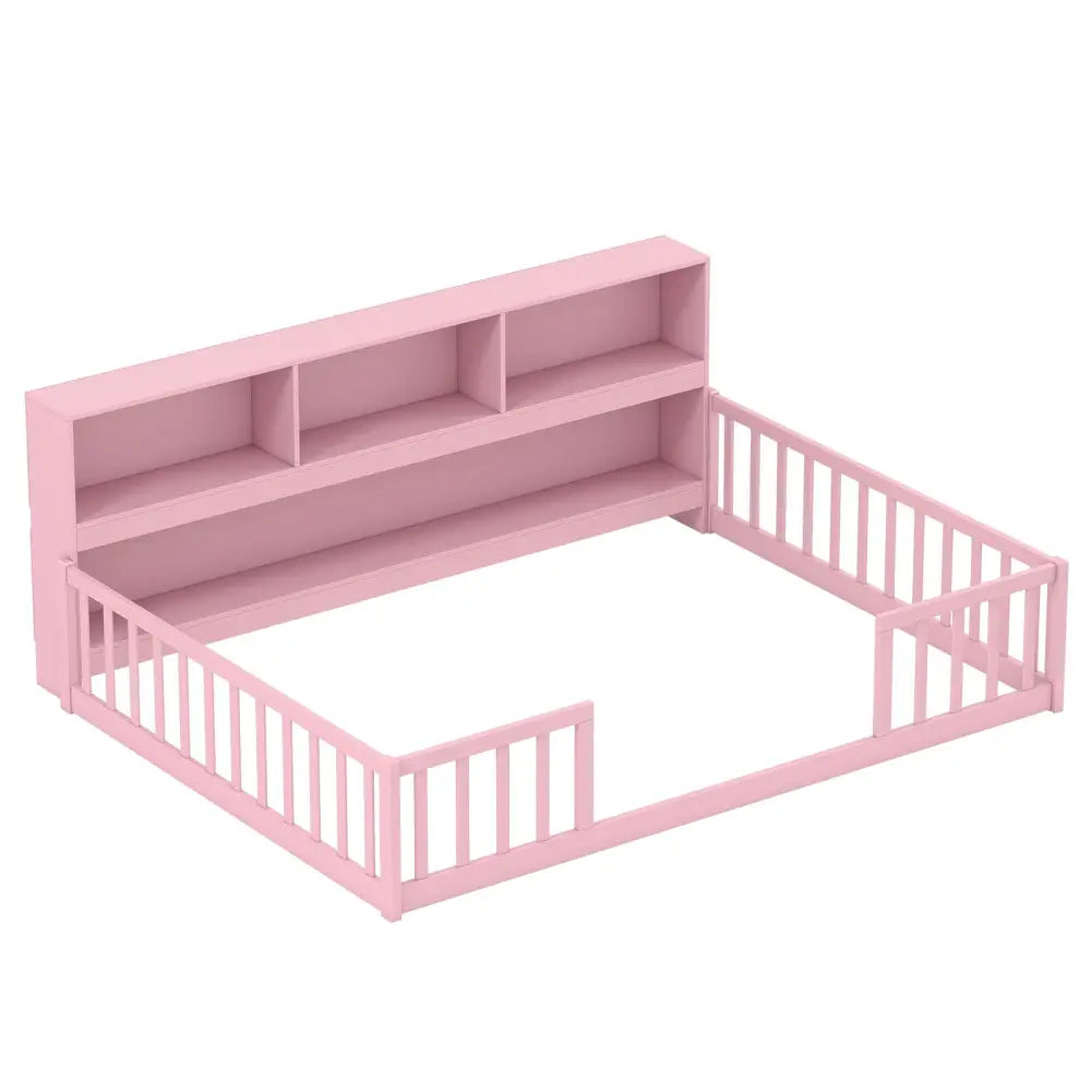 Full Size Montessori Floor Bed with Bookcase-Pink - Pink - Trundle Bed Frame